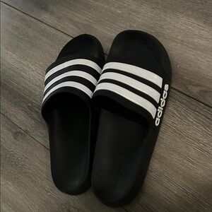 Adidas Black and White Striped Slides